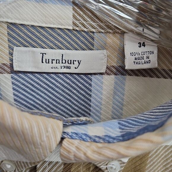 Turnbury Men's shirt sz L 34 blue beige plaid button down casual - Picture 2 of 11